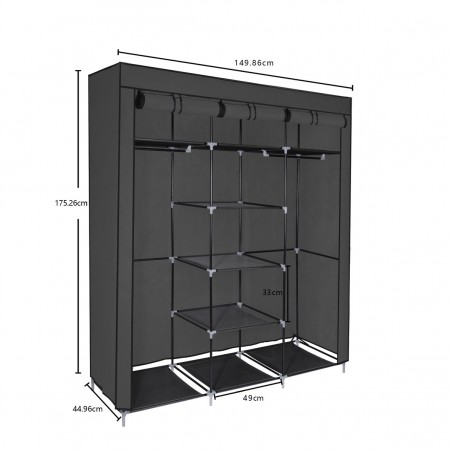 Armario de Tela ropero estantería con Cremallera Plegable Modular portátil Grande 175 x 150 x 45 cm. Tubos de Acero.