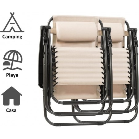 Pack 2 Tumbonas o Sillas de Exterior Plegables y reclinables con mesita para jardín, Playa, Piscina, terraza. Mesa Beige