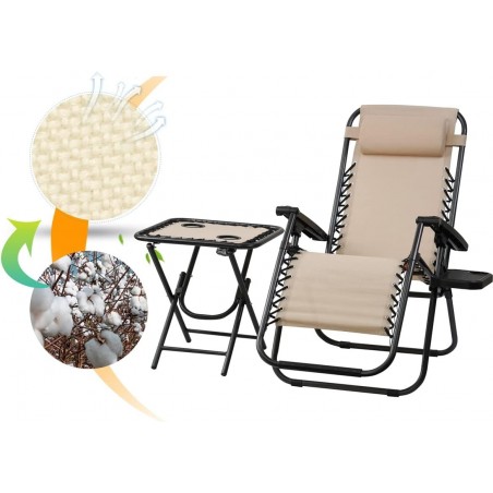 Pack 2 Tumbonas o Sillas de Exterior Plegables y reclinables con mesita para jardín, Playa, Piscina, terraza. Mesa Beige
