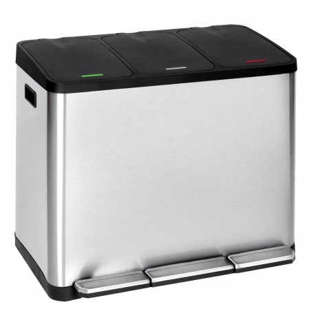 Papelera triple de cocina, 3 X 15 L, con tapas independientes marcadas por color, cubo de basura triple de acero