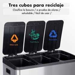 Papelera triple de cocina, 3 X 15 L, con tapas independientes marcadas por color, cubo de basura triple de acero