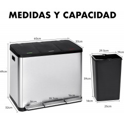 Papelera triple de cocina, 3 X 15 L, con tapas independientes marcadas por color, cubo de basura triple de acero