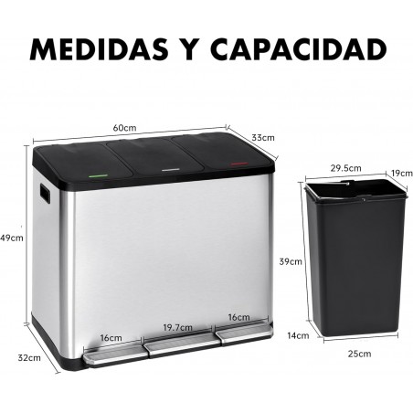 Papelera triple de cocina, 3 X 15 L, con tapas independientes marcadas por color, cubo de basura triple de acero