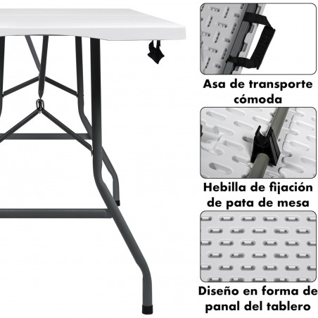 Mesa plegable camping portátil, jardín, catering. Auxiliar y Rectangular 180x70cm. Hasta 150kg de carga. Blanca
