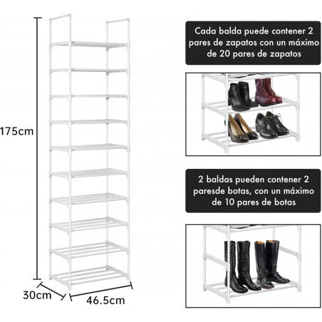 Zapatero Organizador de Zapatos T-LOVENDO con 10 Baldas Estrecho 30x45x174 cm Armario Abierto de Tubos Metálicos Negro
