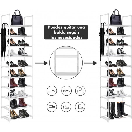 Zapatero Organizador de Zapatos T-LOVENDO con 10 Baldas Estrecho 30x45x174 cm Armario Abierto de Tubos Metálicos Negro