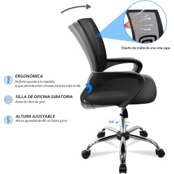 Silla de Oficina o Escritorio Ergonómica con Ruedas y Soporte Lumbar. Juvenil. Altura Regulable. Giratoria 360 grados