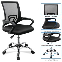 Silla de Oficina o Escritorio Ergonómica con Ruedas y Soporte Lumbar. Juvenil. Altura Regulable. Giratoria 360 grados