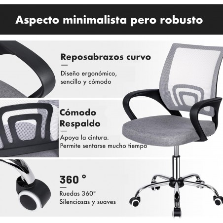 Silla de Oficina Ergonómica con Ruedas y Soporte Lumbar - Juvenil Altura Regulable Giratoria 360 Grados