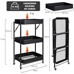 Carro o Carrito Plegable con Ruedas Auxiliar Cocina o baño. Metálico Ahorra Espacio, Estrecho. 3 Cajones, Multiusos.