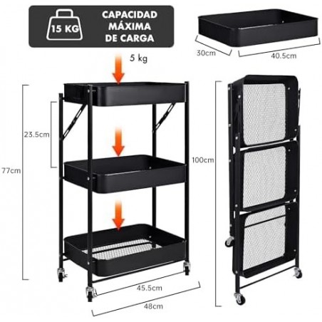 Carro Auxiliar Plegable Metálico con 3 Cajones y Ruedas - Carrito Organizador Estrecho para Cocina y Baño