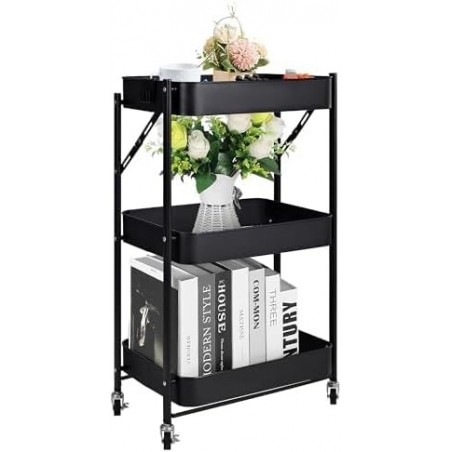 Carro Auxiliar Plegable Metálico con 3 Cajones y Ruedas - Carrito Organizador Estrecho para Cocina y Baño