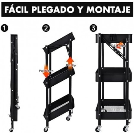 Carro Auxiliar Plegable Metálico con 3 Cajones y Ruedas - Carrito Organizador Estrecho para Cocina y Baño