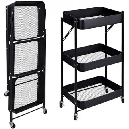 Carro Auxiliar Plegable Metálico con 3 Cajones y Ruedas - Carrito Organizador Estrecho para Cocina y Baño