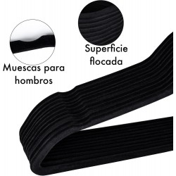 Pack de Perchas para Ropa plástico Terciopelo Negro Antideslizante Cabezal Giratorio Finas para Camisetas Pantalones