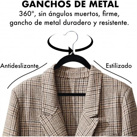 Pack de Perchas para Ropa plástico Terciopelo Negro Antideslizante Cabezal Giratorio Finas para Camisetas Pantalones