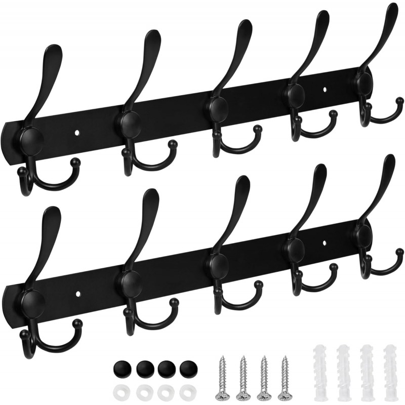 Pack de DOS, Perchero de Pared de Metal, Perchas Triples de Acero Inoxidable, Montaje en Pared, 5 Ganchos Triples Ropa