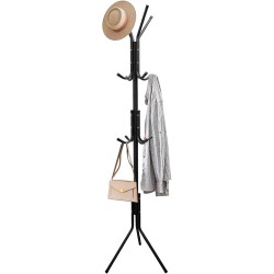 Perchero de pie metálico negro, diseño moderno con múltiples ganchos, ideal para colgar ropa, abrigos, sombreros bolsos