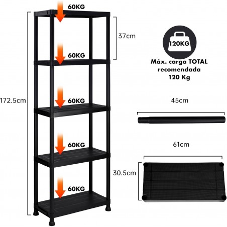 2X Estanterías de plástico 5 baldas almacenaje Modular 171x61x31 cm casa Garaje Zapatillas Multiusos. Trastero. Negras.