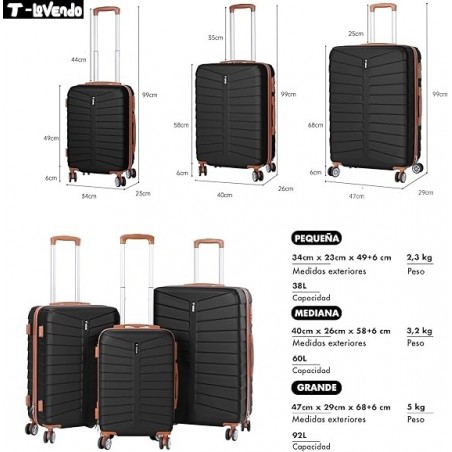 Juego de 3 Maletas Rígidas ABS con 4 Ruedas 360° - Set Trolley Cabina, Mediana y Grande para Viaje