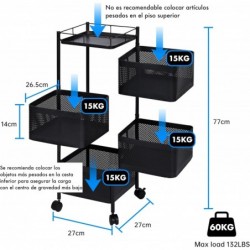 Carro auxiliar metálico con ruedas y 4 cestas plegables ahorra espacio | Carrito cocina verdulero frutero | Estantería