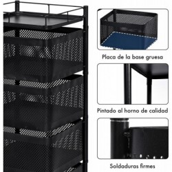 Carro auxiliar metálico con ruedas y 4 cestas plegables ahorra espacio | Carrito cocina verdulero frutero | Estantería