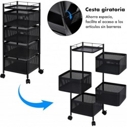 Carro auxiliar metálico con ruedas y 4 cestas plegables ahorra espacio | Carrito cocina verdulero frutero | Estantería