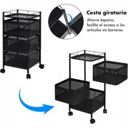 Carro auxiliar metálico con ruedas y 3 cestas plegables ahorra espacio | Carrito cocina verdulero frutero | Estantería