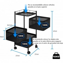 Carro auxiliar metálico con ruedas y 3 cestas plegables ahorra espacio | Carrito cocina verdulero frutero | Estantería