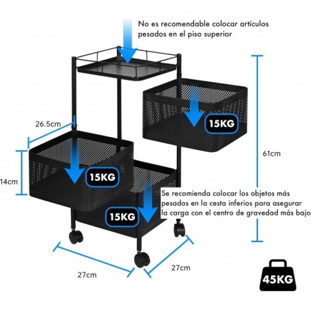 Carro auxiliar metálico con ruedas y 3 cestas plegables ahorra espacio | Carrito cocina verdulero frutero | Estantería
