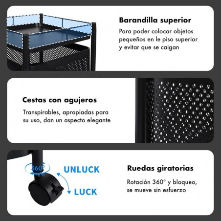 Carro auxiliar metálico con ruedas y 3 cestas plegables ahorra espacio | Carrito cocina verdulero frutero | Estantería