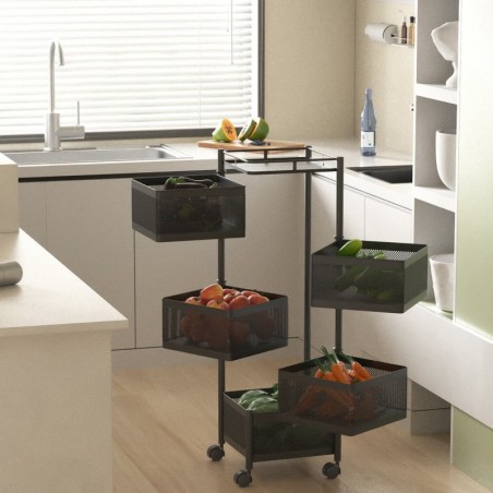 Carro auxiliar metálico con ruedas y 5 cestas plegables ahorra espacio | Carrito cocina verdulero frutero | Estantería