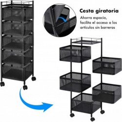 Carro auxiliar metálico con ruedas y 5 cestas plegables ahorra espacio | Carrito cocina verdulero frutero | Estantería