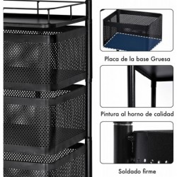 Carro auxiliar metálico con ruedas y 5 cestas plegables ahorra espacio | Carrito cocina verdulero frutero | Estantería
