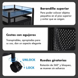 Carro auxiliar metálico con ruedas y 5 cestas plegables ahorra espacio | Carrito cocina verdulero frutero | Estantería
