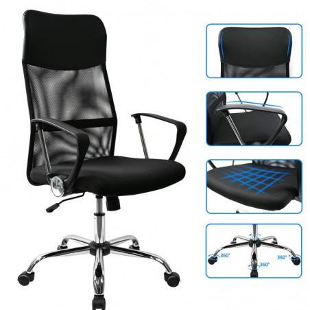 Silla de Oficina Ergonómica con Respaldo Alto de Malla Transpirable y Piel Sintética - Giratoria con Reposabrazos