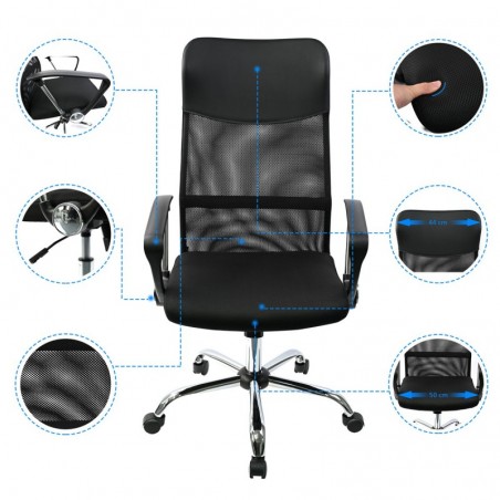 Silla de Oficina Ergonómica con Respaldo Alto de Malla Transpirable y Piel Sintética - Giratoria con Reposabrazos