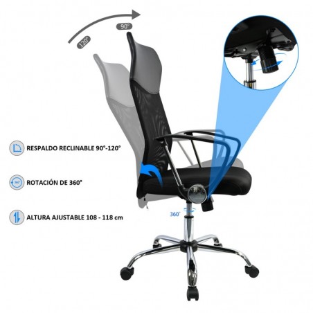 Silla de Oficina Ergonómica con Respaldo Alto de Malla Transpirable y Piel Sintética - Giratoria con Reposabrazos