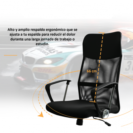 Silla de Oficina Ergonómica con Respaldo Alto de Malla Transpirable y Piel Sintética - Giratoria con Reposabrazos