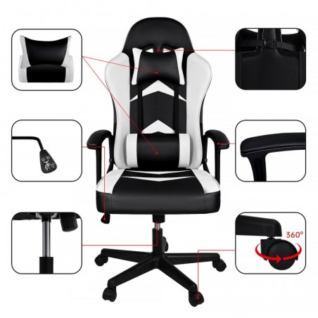 Silla Gaming Ergonómica Reclinable con Cojín Lumbar y Cervical - Respaldo Alto Acolchado y Altura Ajustable con Ruedas