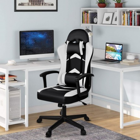 Silla Gaming Ergonómica Reclinable con Cojín Lumbar y Cervical - Respaldo Alto Acolchado y Altura Ajustable con Ruedas