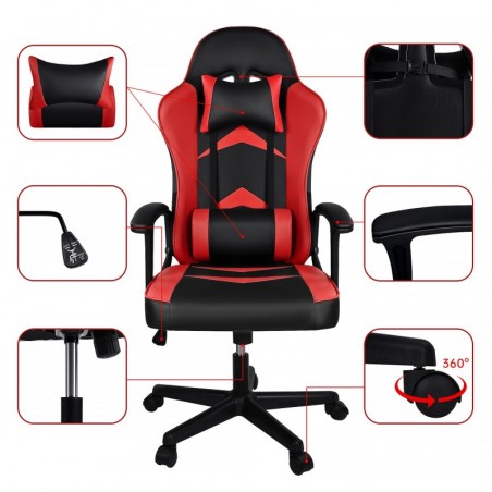 Silla Gaming Ergonómica Reclinable con Cojín Lumbar y Cervical - Respaldo Alto Acolchado y Altura Ajustable con Ruedas