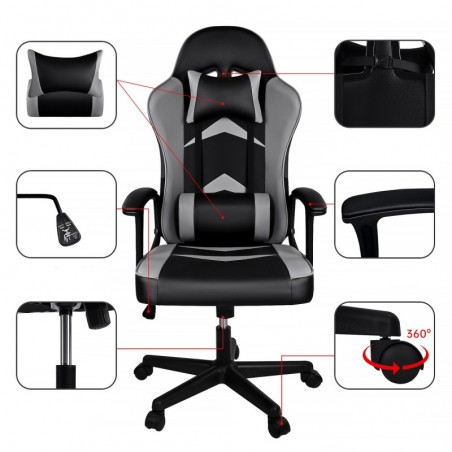 Silla Gaming Ergonómica Reclinable con Cojín Lumbar y Cervical - Respaldo Alto Acolchado y Altura Ajustable con Ruedas