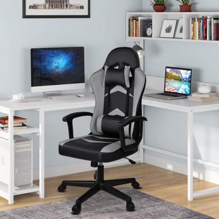 Silla Gaming Ergonómica Reclinable con Cojín Lumbar y Cervical - Respaldo Alto Acolchado y Altura Ajustable con Ruedas
