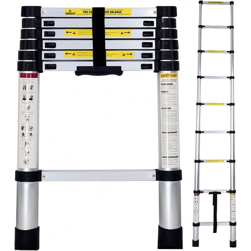 Escalera Telescópica de Aluminio Extensible y Plegable | Compacta, Ligera, Portátil y Antideslizante | Ideal para Casa