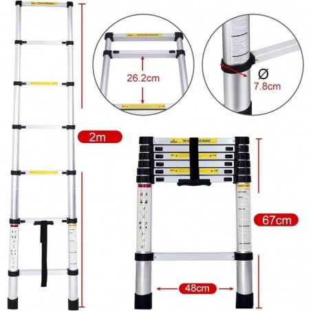 Escalera Telescópica de Aluminio Extensible y Plegable - Compacta, Ligera, Portátil y Antideslizante para Casa