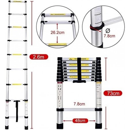 Escalera Telescópica de Aluminio Extensible y Plegable - Compacta, Ligera, Portátil y Antideslizante para Casa