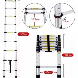 Escalera Telescópica de Aluminio Extensible y Plegable - Compacta, Ligera, Portátil y Antideslizante para Casa
