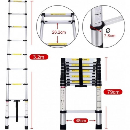 Escalera Telescópica de Aluminio Extensible y Plegable - Compacta, Ligera, Portátil y Antideslizante para Casa
