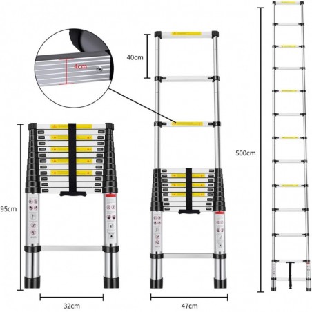 Escalera Telescópica de Aluminio Extensible y Plegable - Compacta, Ligera, Portátil y Antideslizante para Casa